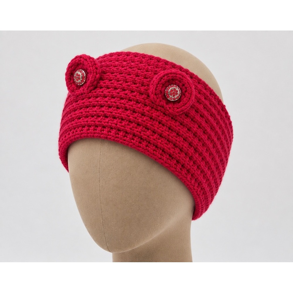 Burgundy Chunky Knit Ear Warmer Headband Rhinestone Accents Button Closure